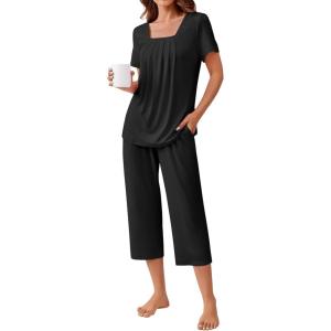 Ekouaer Pajama Set for Women Short Sleeve Top With Capri Pants Pjs 2 Piece Square Neck Loungewear Soft Sleepwear with Pockets(Black)