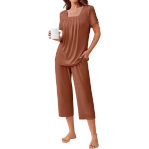 Ekouaer Pajama Set for Women Short Sleeve Top With Capri Pants Pjs 2 Piece Square Neck Loungewear Soft Sleepwear with Pockets(Brown)