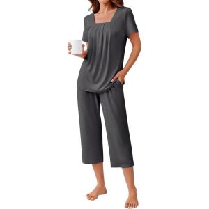 Ekouaer Pajama Set for Women Short Sleeve Top With Capri Pants Pjs 2 Piece Square Neck Loungewear Soft Sleepwear with Pockets(Dark Grey)