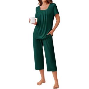 Ekouaer Pajama Set for Women Short Sleeve Top With Capri Pants Pjs 2 Piece Square Neck Loungewear Soft Sleepwear with Pockets(Green)