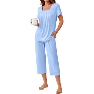 Ekouaer Pajama Set for Women Short Sleeve Top With Capri Pants Pjs 2 Piece Square Neck Loungewear Soft Sleepwear with Pockets(Light Blue)