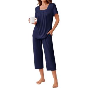 Ekouaer Pajama Set for Women Short Sleeve Top With Capri Pants Pjs 2 Piece Square Neck Loungewear Soft Sleepwear with Pockets(Navy Blue)