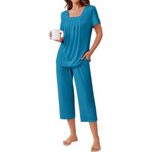 Ekouaer Pajama Set for Women Short Sleeve Top With Capri Pants Pjs 2 Piece Square Neck Loungewear Soft Sleepwear with Pockets(Peacock Blue)