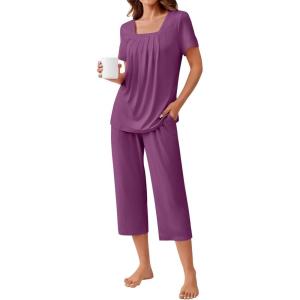 Ekouaer Pajama Set for Women Short Sleeve Top With Capri Pants Pjs 2 Piece Square Neck Loungewear Soft Sleepwear with Pockets(Purple)