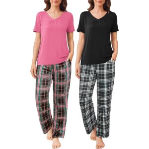 Ekouaer Pajama Sets for Women 2 Pack, Short Sleeve with Long Pant Pjs Sleepwear Comfy Lounge Sets with Pockets(Black Plaid/Rose Pliad)