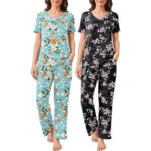 Ekouaer Pajama Sets for Women 2 Pack, Short Sleeve with Long Pant Pjs Sleepwear Comfy Lounge Sets with Pockets(Blue Flowers/Black Flowers)