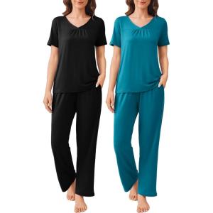 Ekouaer Pajama Sets for Women 2 Pack, Short Sleeve with Long Pant Pjs Sleepwear Comfy Lounge Sets with Pockets(Blue Green/Black)