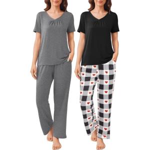Ekouaer Pajama Sets for Women 2 Pack, Short Sleeve with Long Pant Pjs Sleepwear Comfy Lounge Sets with Pockets(Grey/Black White)