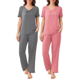 Ekouaer Pajama Sets for Women 2 Pack, Short Sleeve with Long Pant Pjs Sleepwear Comfy Lounge Sets with Pockets(Pink/Grey)