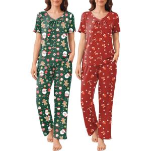 Ekouaer Pajama Sets for Women 2 Pack, Short Sleeve with Long Pant Pjs Sleepwear Comfy Lounge Sets with Pockets(Red/Green)