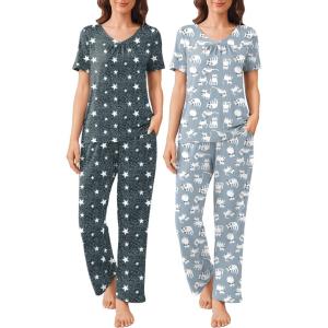 Ekouaer Pajama Sets for Women 2 Pack, Short Sleeve with Long Pant Pjs Sleepwear Comfy Lounge Sets with Pockets(Slate Star/Grey Cat)