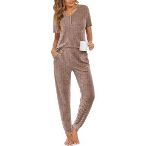 Ekouaer Pajamas for Women Set 2 Piece Rib Knit Lounge Set Joggers Loungewear Short Sleeve Pjs with Pockets(Brown)