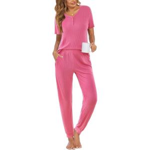 Ekouaer Pajamas for Women Set 2 Piece Rib Knit Lounge Set Joggers Loungewear Short Sleeve Pjs with Pockets(Hot Pink)