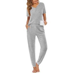Ekouaer Pajamas for Women Set 2 Piece Rib Knit Lounge Set Joggers Loungewear Short Sleeve Pjs with Pockets(Light Gray)