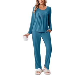 Ekouaer Pajamas for Women Set Soft 2 Piece Pjs Long Sleeve Sleep Set Loungewear With Pocket(Blue Green)