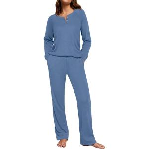 Ekouaer Waffle Knit Pajamas for Women Set Long Sleeve Pants Pj Henley Tops Lounge Sets Comfy Sleepwear with Pockets(Blue)