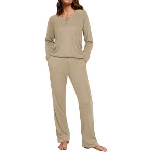 Ekouaer Waffle Knit Pajamas for Women Set Long Sleeve Pants Pj Henley Tops Lounge Sets Comfy Sleepwear with Pockets(Khaki)