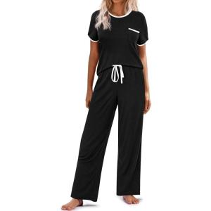 Ekouaer Women Lounge Pajamas Sets Ribbed Knit PJ Short Sleeve and Long Pajama Pant Soft 2 Piece Sleepwear Loungwear Set(Black)