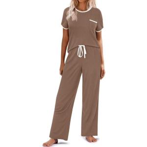 Ekouaer Women Lounge Pajamas Sets Ribbed Knit PJ Short Sleeve and Long Pajama Pant Soft 2 Piece Sleepwear Loungwear Set(Brown)