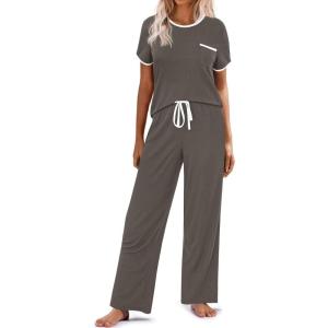 Ekouaer Women Lounge Pajamas Sets Ribbed Knit PJ Short Sleeve and Long Pajama Pant Soft 2 Piece Sleepwear Loungwear Set(Charcoal Grey)