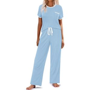 Ekouaer Women Lounge Pajamas Sets Ribbed Knit PJ Short Sleeve and Long Pajama Pant Soft 2 Piece Sleepwear Loungwear Set(Clear Blue)