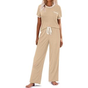 Ekouaer Women Lounge Pajamas Sets Ribbed Knit PJ Short Sleeve and Long Pajama Pant Soft 2 Piece Sleepwear Loungwear Set(Dark Khaki)
