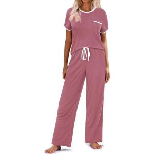 Ekouaer Women Lounge Pajamas Sets Ribbed Knit PJ Short Sleeve and Long Pajama Pant Soft 2 Piece Sleepwear Loungwear Set(Dark Pink)