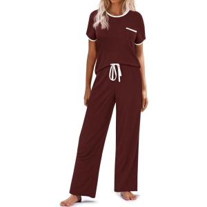 Ekouaer Women Lounge Pajamas Sets Ribbed Knit PJ Short Sleeve and Long Pajama Pant Soft 2 Piece Sleepwear Loungwear Set(Dark Red)