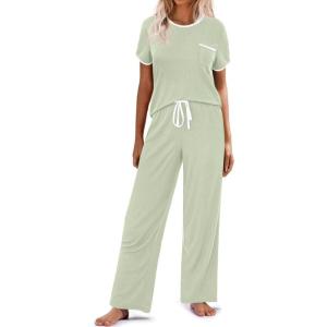 Ekouaer Women Lounge Pajamas Sets Ribbed Knit PJ Short Sleeve and Long Pajama Pant Soft 2 Piece Sleepwear Loungwear Set(Light Green)