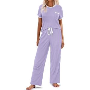 Ekouaer Women Lounge Pajamas Sets Ribbed Knit PJ Short Sleeve and Long Pajama Pant Soft 2 Piece Sleepwear Loungwear Set(Lilac)