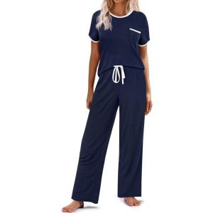 Ekouaer Women Lounge Pajamas Sets Ribbed Knit PJ Short Sleeve and Long Pajama Pant Soft 2 Piece Sleepwear Loungwear Set(Navy Blue)