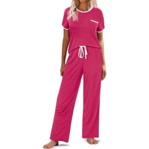 Ekouaer Women Lounge Pajamas Sets Ribbed Knit PJ Short Sleeve and Long Pajama Pant Soft 2 Piece Sleepwear Loungwear Set(Rose)