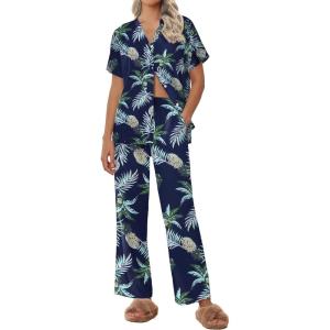 Ekouaer Women Pajamas Set Short Sleeve Button Down Sleepwear Soft Pjs Loungewear Pants Set S-XXL(Navy/ Blue Leaf)