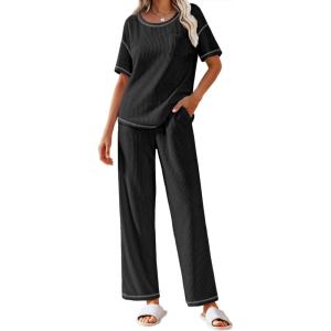 Ekouaer Women Waffle Knit Lounge Sets Short Sleeve Top and Long Pant Pajama Set Loungewear 2 Piece Pjs Set with Pockets(01 Black)