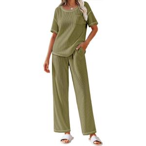 Ekouaer Women Waffle Knit Lounge Sets Short Sleeve Top and Long Pant Pajama Set Loungewear 2 Piece Pjs Set with Pockets(04 Military Green)