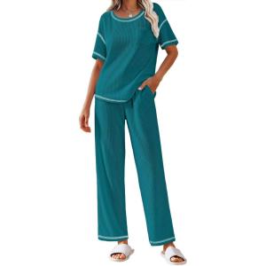 Ekouaer Women Waffle Knit Lounge Sets Short Sleeve Top and Long Pant Pajama Set Loungewear 2 Piece Pjs Set with Pockets(Blue Green)