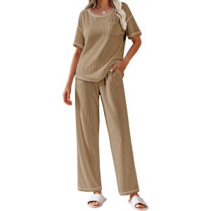 Ekouaer Women Waffle Knit Lounge Sets Short Sleeve Top and Long Pant Pajama Set Loungewear 2 Piece Pjs Set with Pockets(Brown)