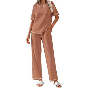 Ekouaer Women Waffle Knit Lounge Sets Short Sleeve Top and Long Pant Pajama Set Loungewear 2 Piece Pjs Set with Pockets(Caramel)