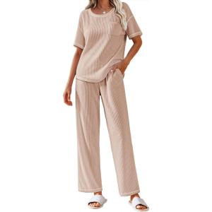 Ekouaer Women Waffle Knit Lounge Sets Short Sleeve Top and Long Pant Pajama Set Loungewear 2 Piece Pjs Set with Pockets(Champagne)
