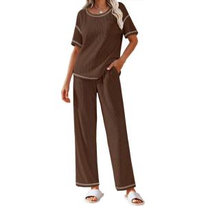 Ekouaer Women Waffle Knit Lounge Sets Short Sleeve Top and Long Pant Pajama Set Loungewear 2 Piece Pjs Set with Pockets(Dark Brown)