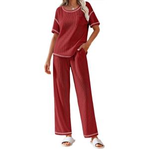 Ekouaer Women Waffle Knit Lounge Sets Short Sleeve Top and Long Pant Pajama Set Loungewear 2 Piece Pjs Set with Pockets(Dark Red)