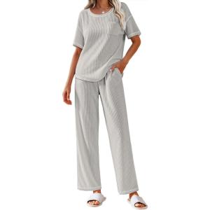 Ekouaer Women Waffle Knit Lounge Sets Short Sleeve Top and Long Pant Pajama Set Loungewear 2 Piece Pjs Set with Pockets(Grey)