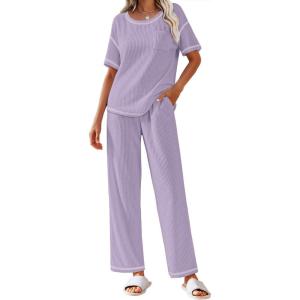 Ekouaer Women Waffle Knit Lounge Sets Short Sleeve Top and Long Pant Pajama Set Loungewear 2 Piece Pjs Set with Pockets(Lavender)