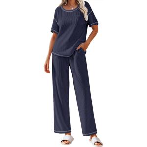 Ekouaer Women Waffle Knit Lounge Sets Short Sleeve Top and Long Pant Pajama Set Loungewear 2 Piece Pjs Set with Pockets(Navy Blue)