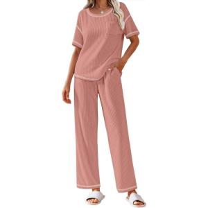Ekouaer Women Waffle Knit Lounge Sets Short Sleeve Top and Long Pant Pajama Set Loungewear 2 Piece Pjs Set with Pockets(Pink)