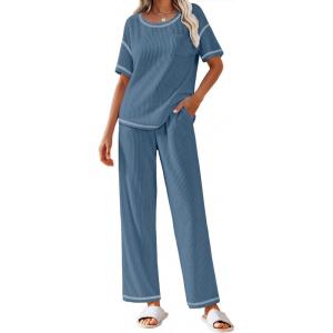 Ekouaer Women Waffle Knit Lounge Sets Short Sleeve Top and Long Pant Pajama Set Loungewear 2 Piece Pjs Set with Pockets(Sky Blue)