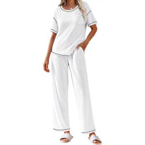 Ekouaer Women Waffle Knit Lounge Sets Short Sleeve Top and Long Pant Pajama Set Loungewear 2 Piece Pjs Set with Pockets(White)