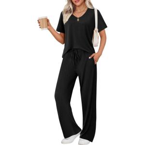 Ekouaer Women’s 2 Piece Lounge Set Casual Summer Outfits Ribbed Short Sleeve & Wide Leg Pants Matching Set for Travel Home(Black)
