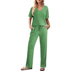 Ekouaer Women’s 2 Piece Lounge Set Casual Summer Outfits Ribbed Short Sleeve & Wide Leg Pants Matching Set for Travel Home(Green)