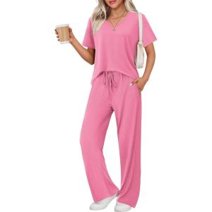 Ekouaer Women’s 2 Piece Lounge Set Casual Summer Outfits Ribbed Short Sleeve & Wide Leg Pants Matching Set for Travel Home(Hot Pink)